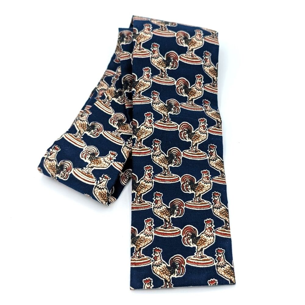 Vintage 1960s Rooster Hand Printed Fabrics Rooster Neck Tie Square Bottom End